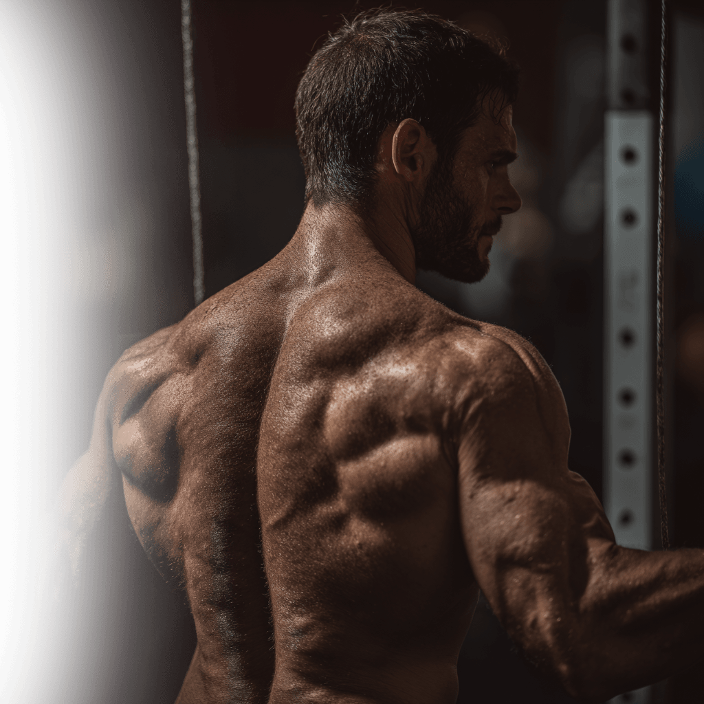 Atleta de costas mostrando a musculatura em um ambiente de treino